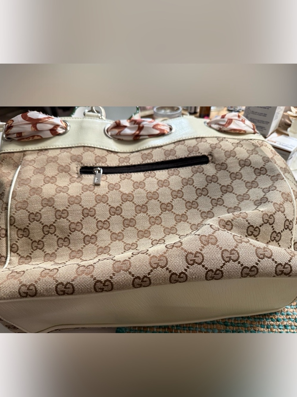 Beige Monogram Canvas Tote with Cream Trim and Scarf Accent - Picture 3 of 9